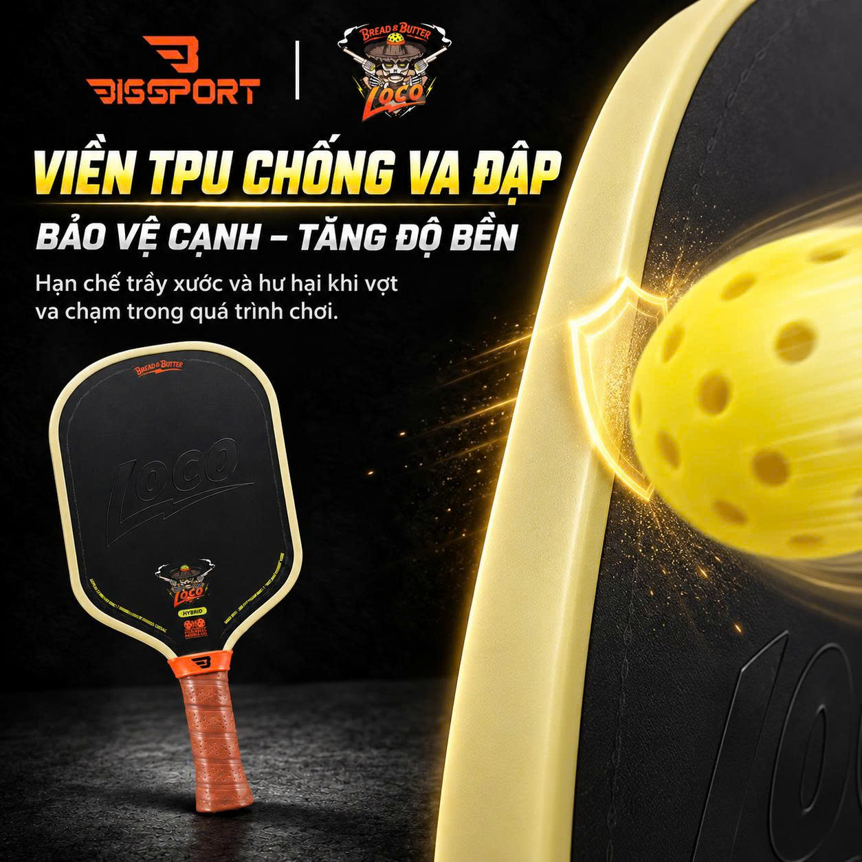 Vợt Pickleball LOCO Hybrid Chính Hãng - Màu Đen - 16mm - Bền Chắc - Siêu Nhám - Bám Bóng - Toàn Diện - Ổn Định